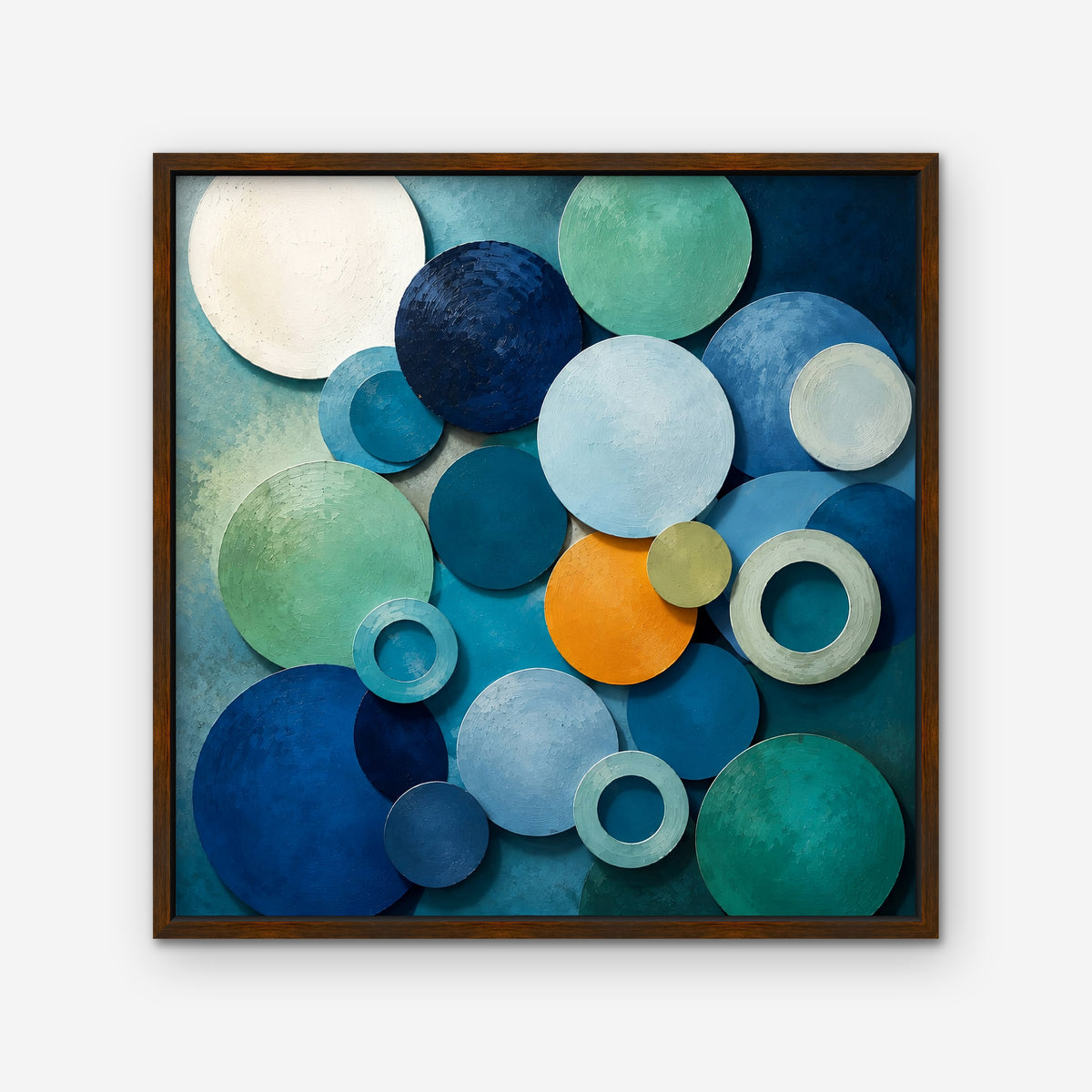 Blue Textured Circles Canvas Art – square blue and teal geometric abstract print in a walnut floating frame on a white background
