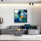 Blue Textured Circles Canvas Art - Square – White Floating Frame in room setting