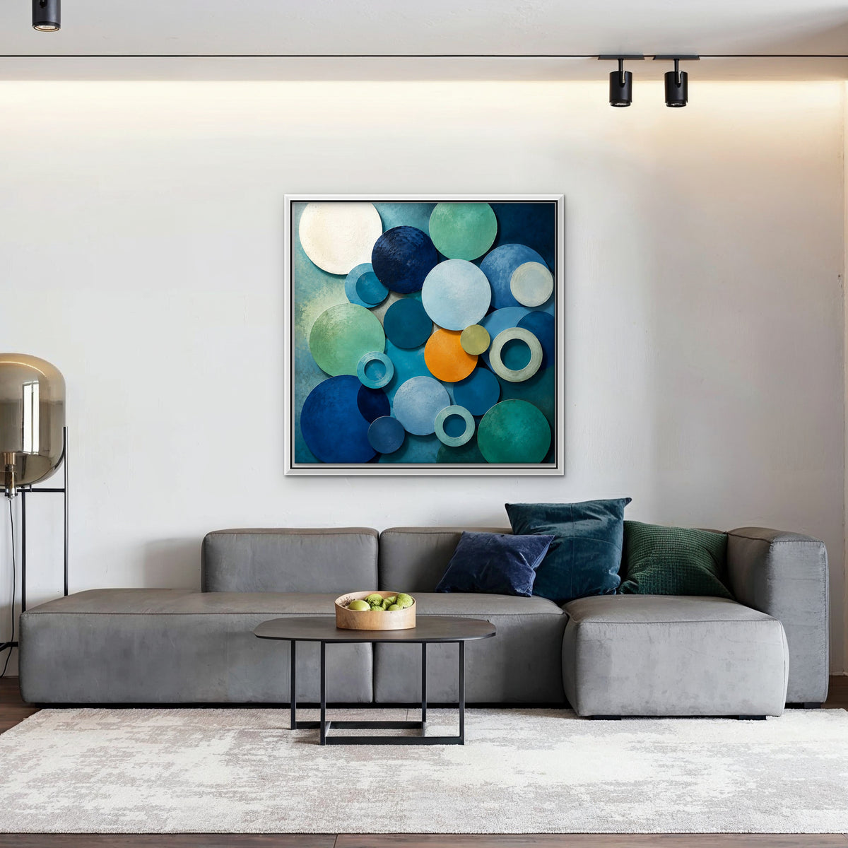 Blue Textured Circles Canvas Art - Square – White Floating Frame in room setting
