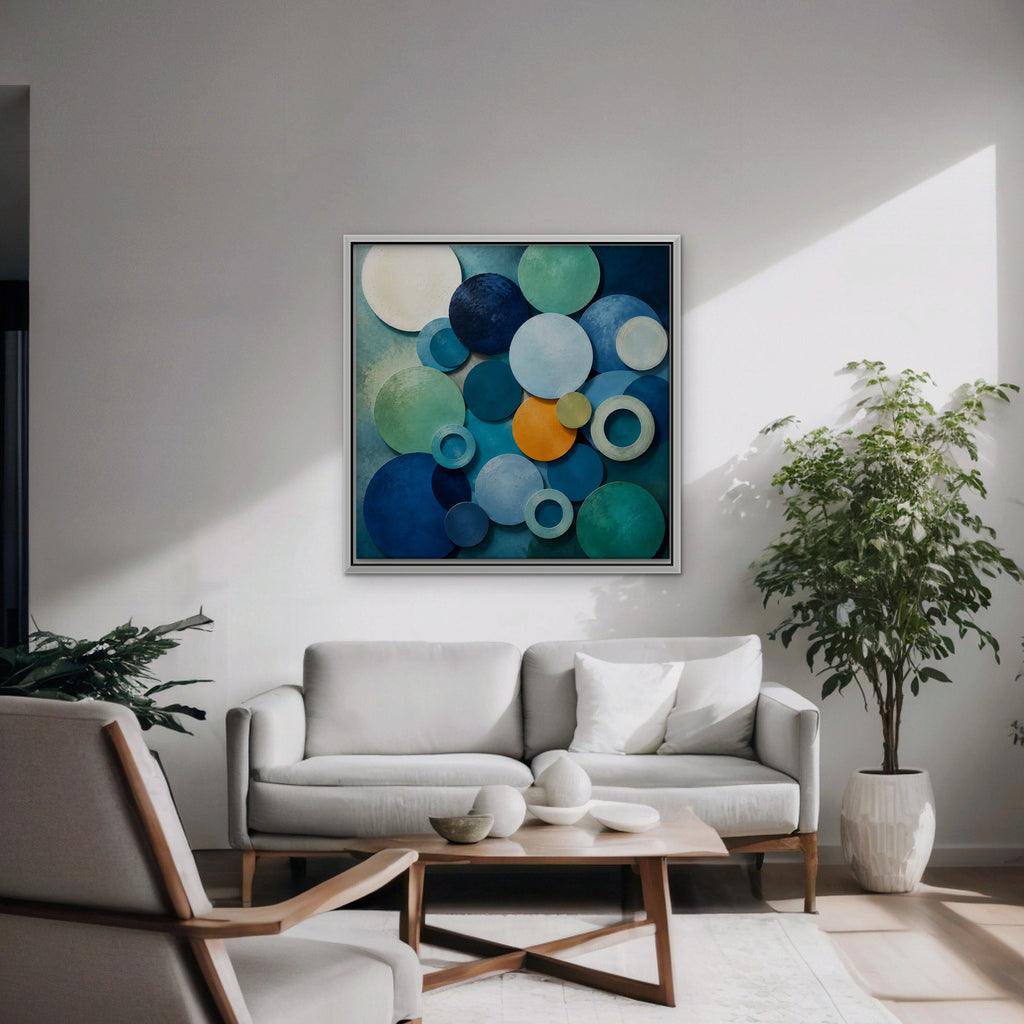 Blue Textured Circles Canvas Art - Square – White Floating Frame in room setting