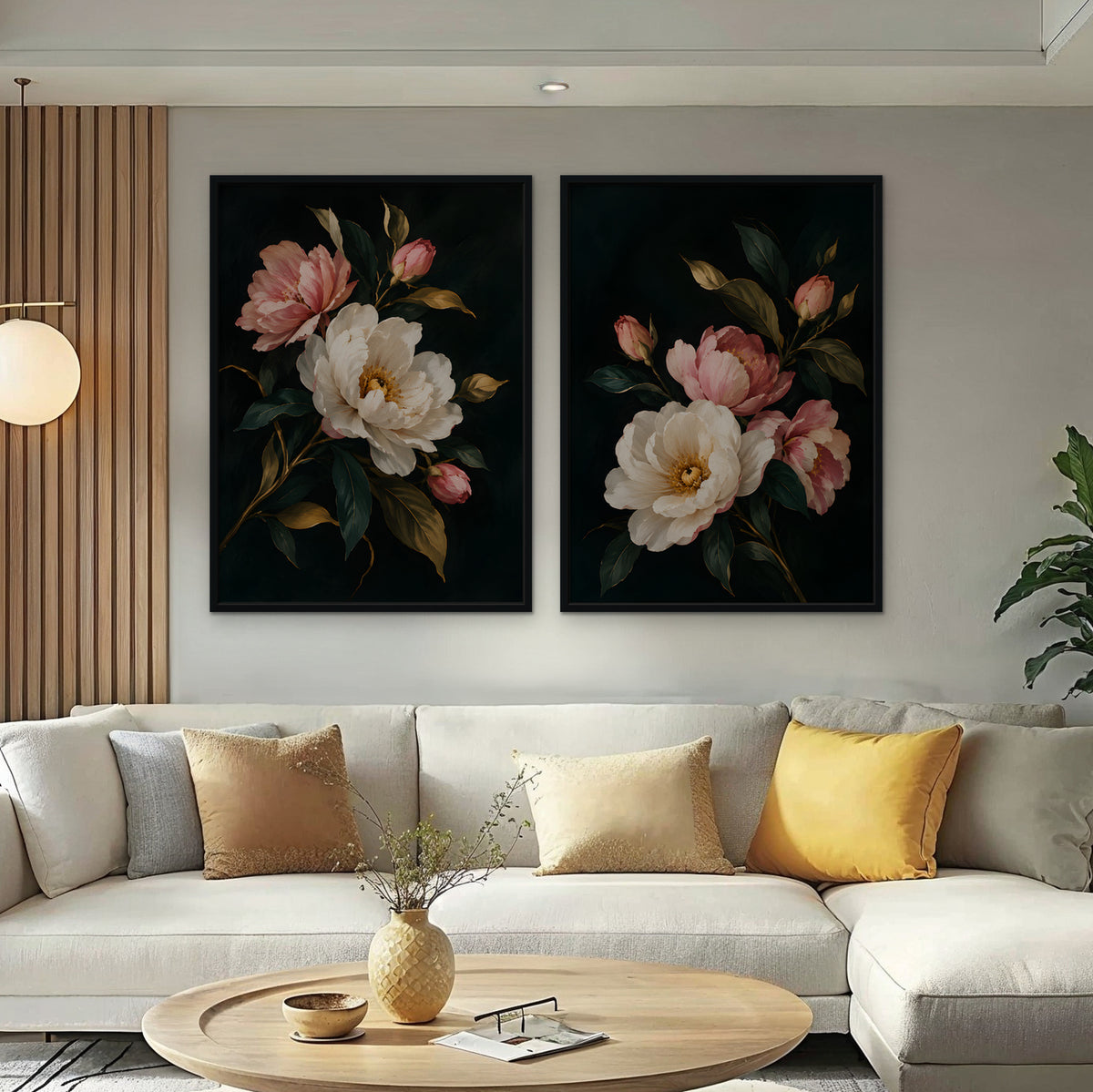 Blush Peonies Canvas Art - Set of 2 – Black Floating Frame in room setting