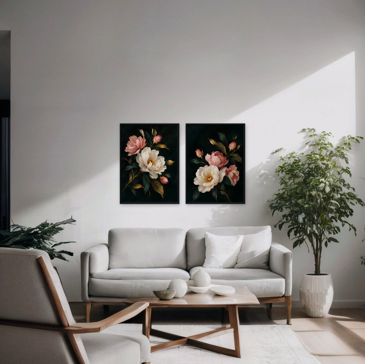 Blush Peonies Canvas Art - Set of 2 – Black Floating Frame in room setting