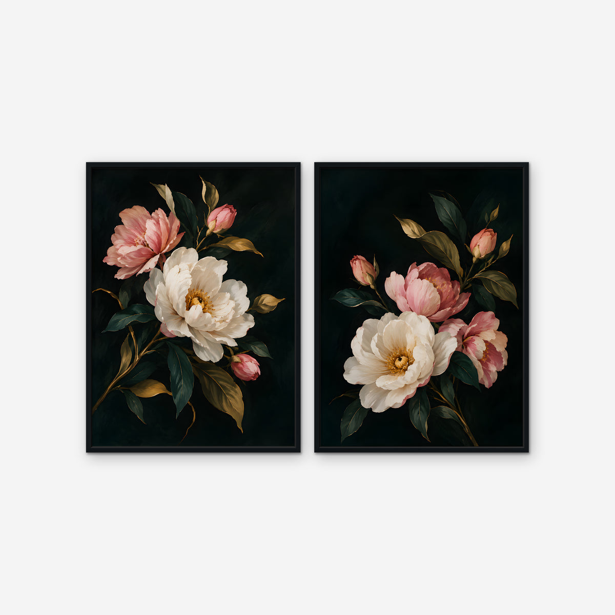 Blush Peonies Canvas Art - Set of 2 – Black Floating Frame on white background