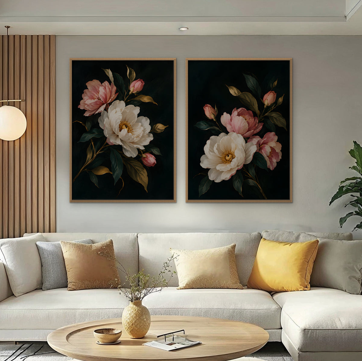 Blush Peonies Canvas Art - Set of 2 – Oak Floating Frame in room setting