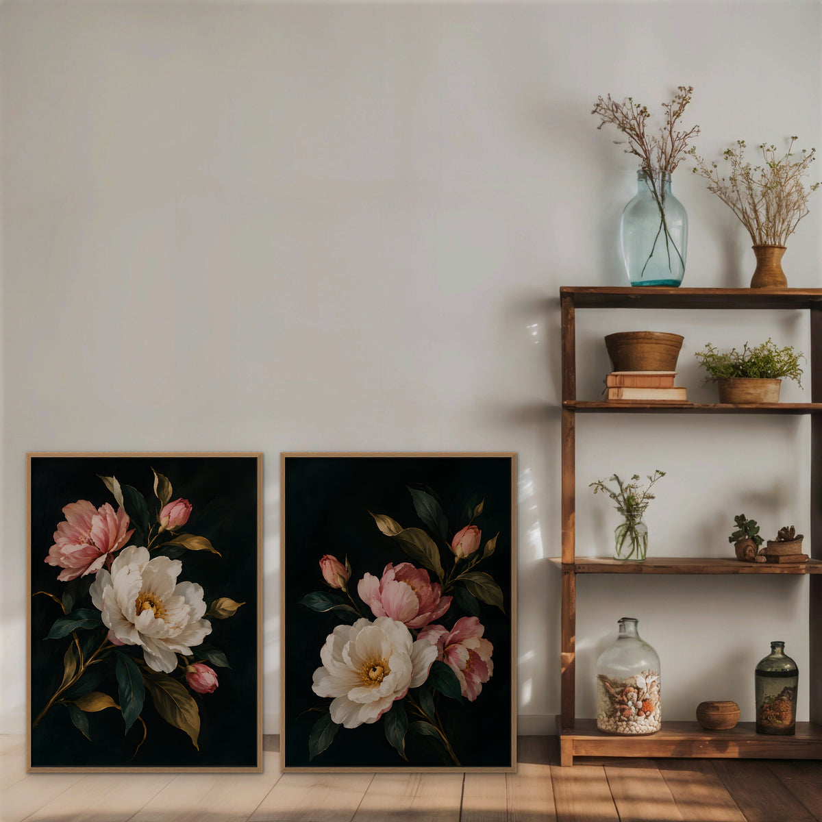 Blush Peonies Canvas Art - Set of 2 – Oak Floating Frame in room setting