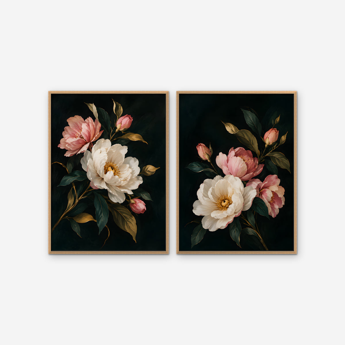 Blush Peonies Canvas Art - Set of 2 – Oak Floating Frame on white background