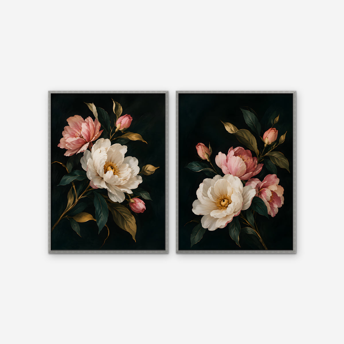 Blush Peonies Canvas Art - Set of 2 – Silver Floating Frame on white background