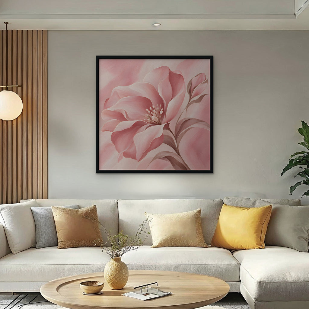 Blush Pink Bloom Canvas Art - Square – Black Floating Frame in room setting
