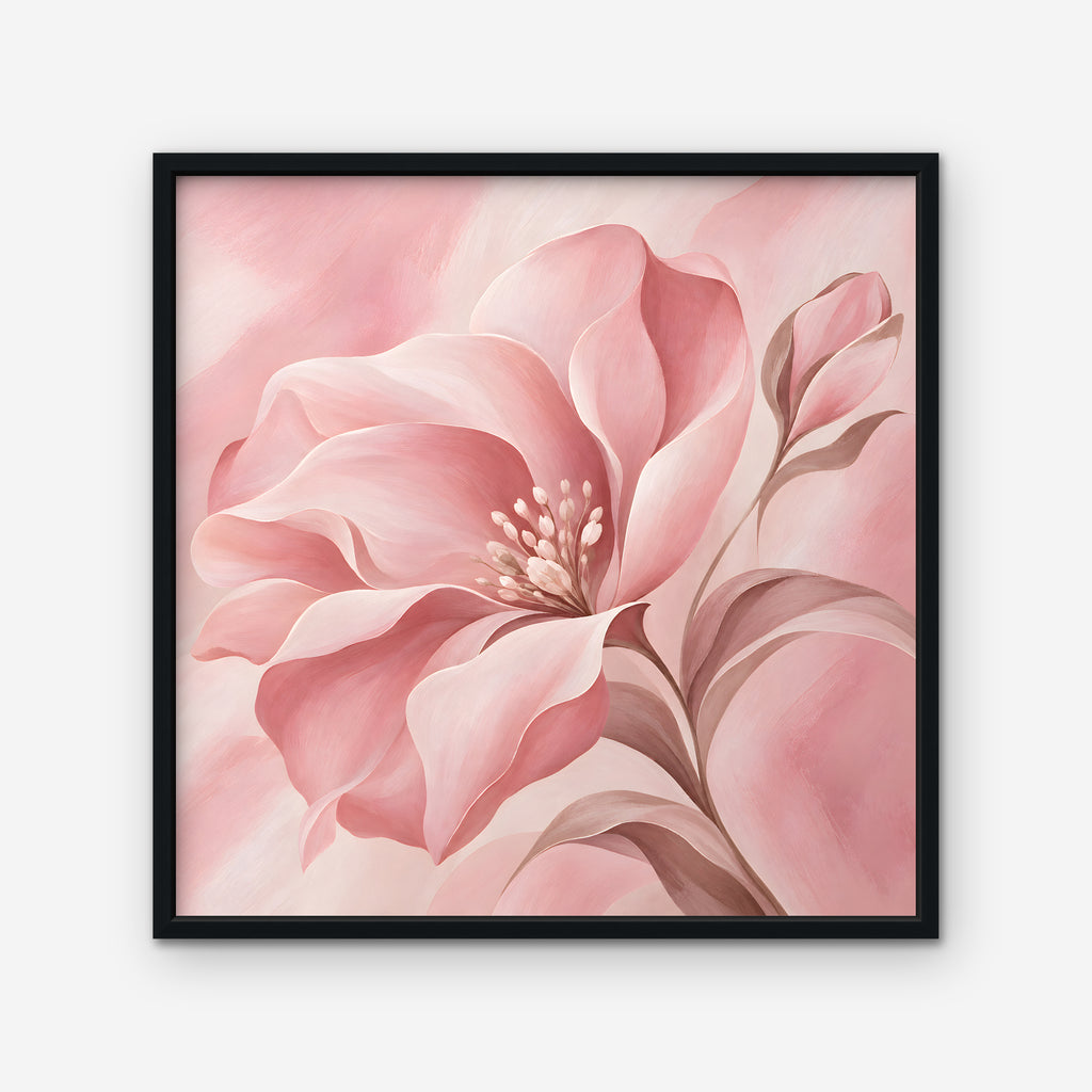 Blush Pink Bloom Canvas Art - Square – Black Floating Frame on white background