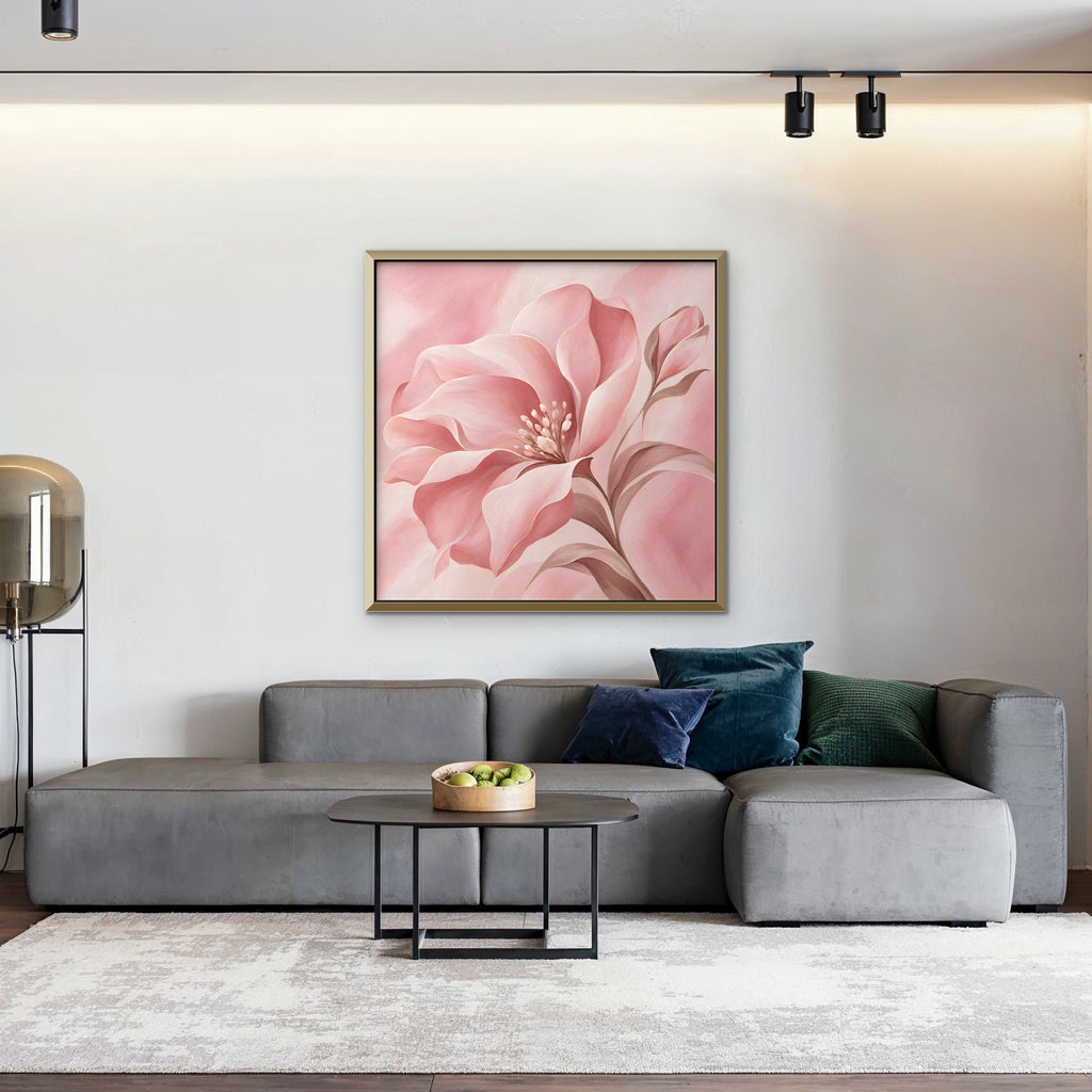 Blush Pink Bloom Canvas Art - Square – Gold Floating Frame in room setting