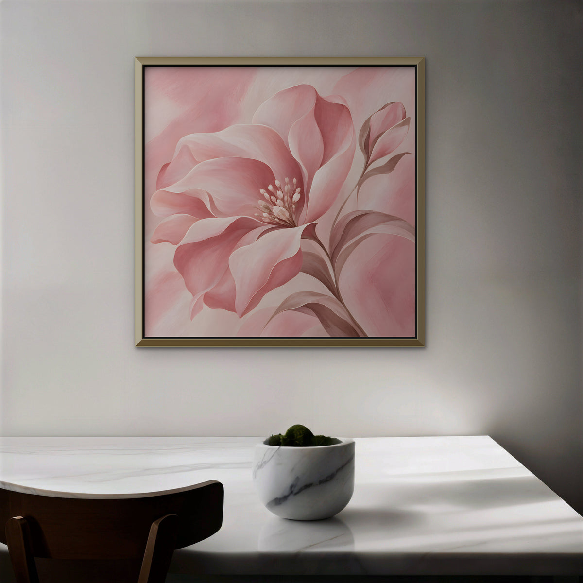 Blush Pink Bloom Canvas Art - Square – Gold Floating Frame in room setting