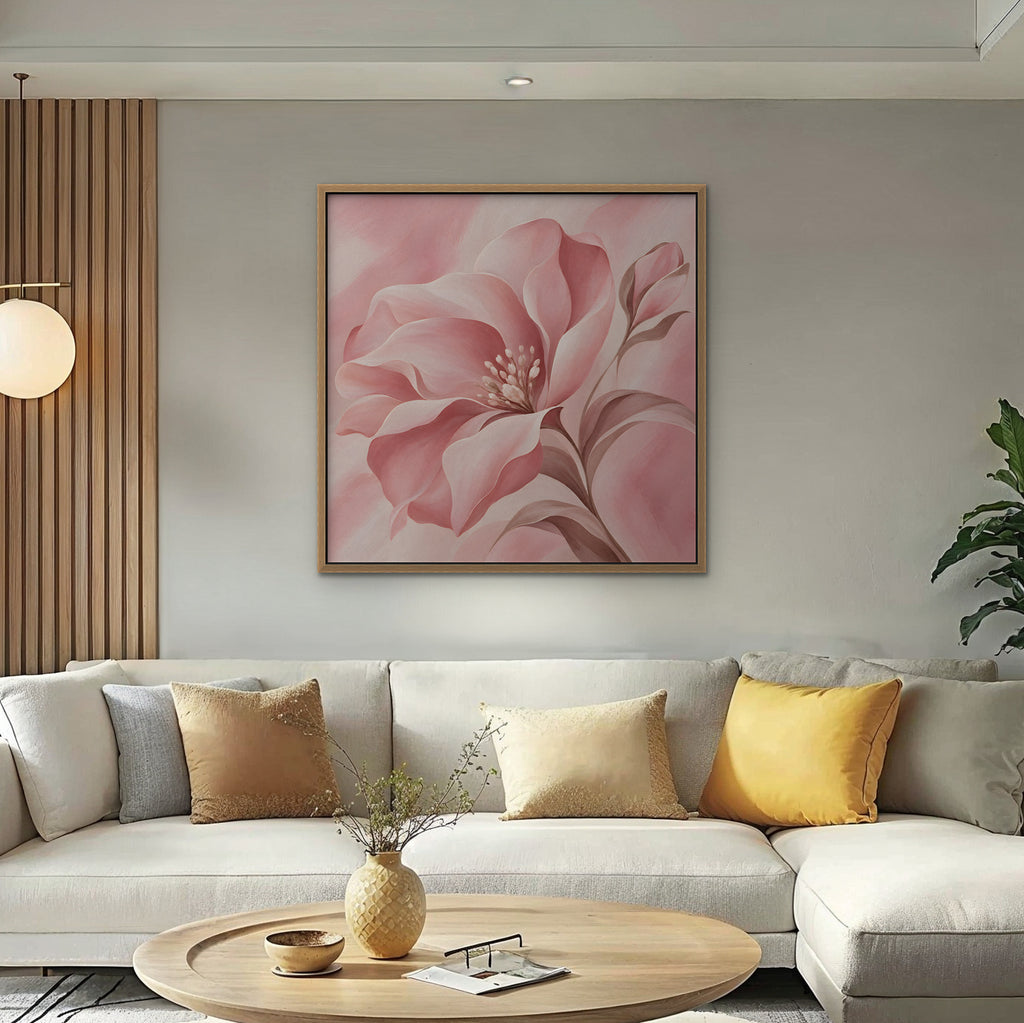 Blush Pink Bloom Canvas Art - Square – Oak Floating Frame in room setting