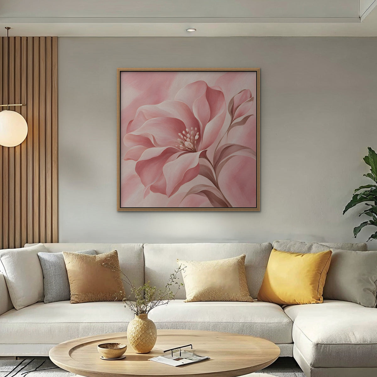 Blush Pink Bloom Canvas Art - Square – Oak Floating Frame in room setting