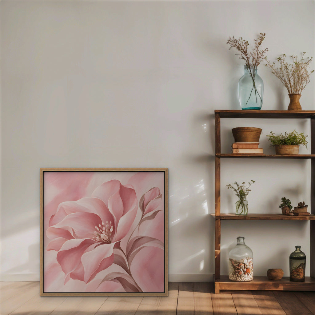 Blush Pink Bloom Canvas Art - Square – Oak Floating Frame in room setting