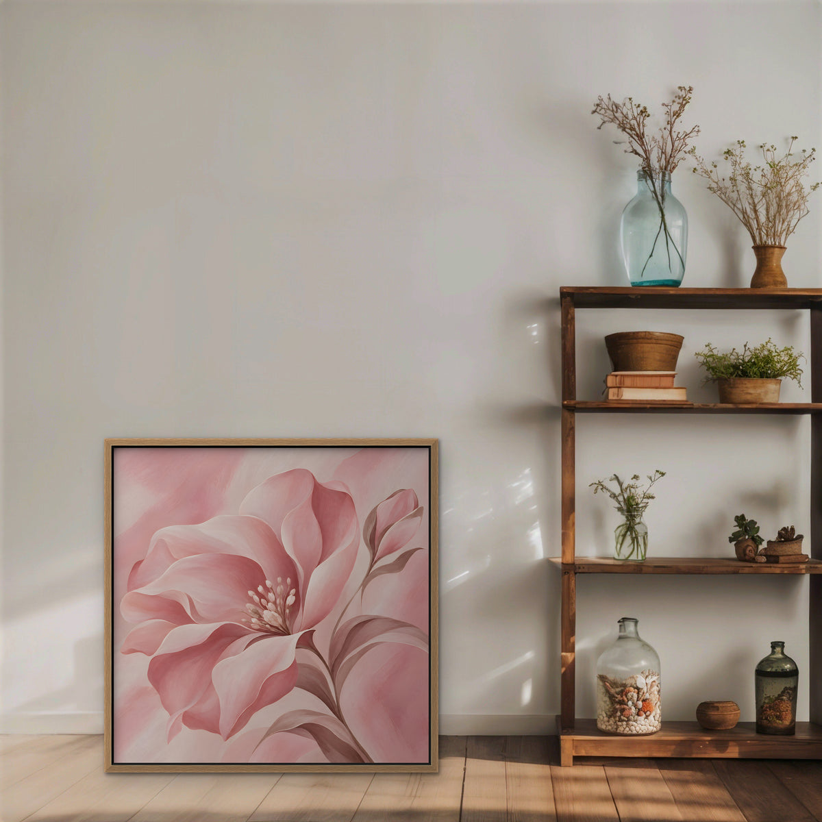 Blush Pink Bloom Canvas Art - Square – Oak Floating Frame in room setting