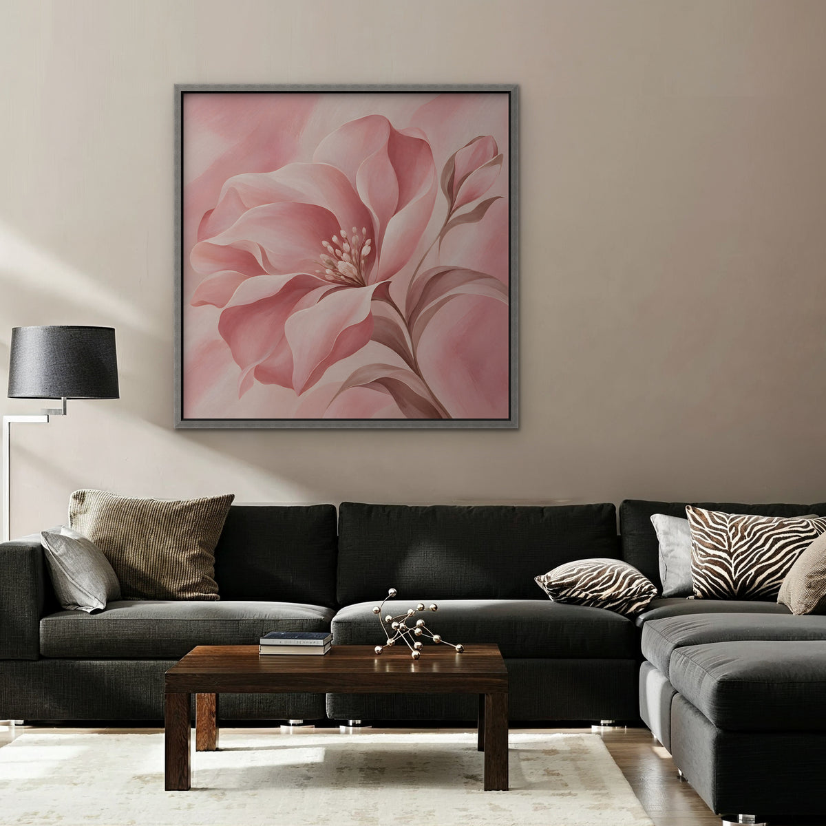 Blush Pink Bloom Canvas Art - Square – Silver Floating Frame in room setting