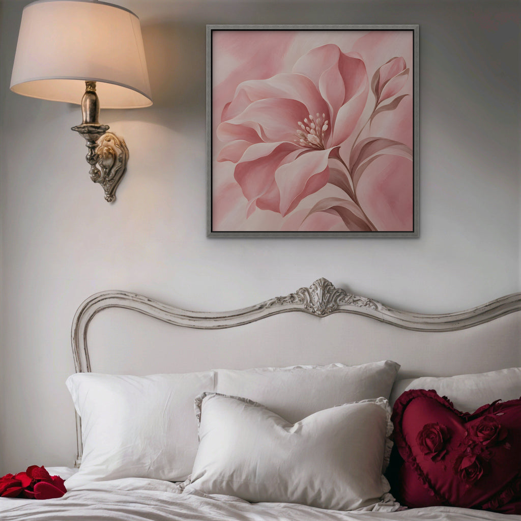 Blush Pink Bloom Canvas Art - Square – Silver Floating Frame in room setting