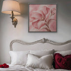 Blush Pink Bloom Canvas Art - Square – Silver Floating Frame in room setting