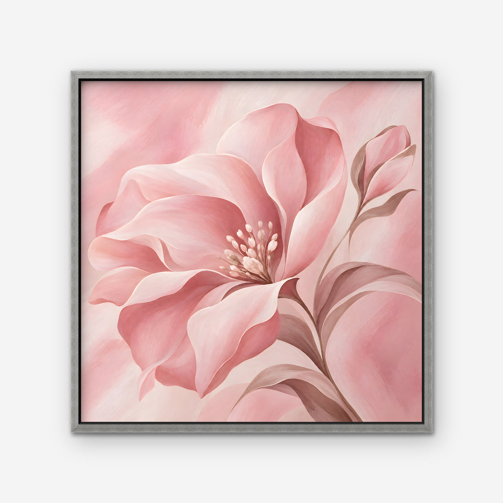 Blush Pink Bloom Canvas Art - Square – Silver Floating Frame on white background