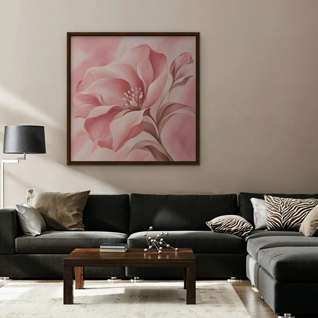 Blush Pink Bloom Canvas Art - Square – Walnut Floating Frame in room setting
