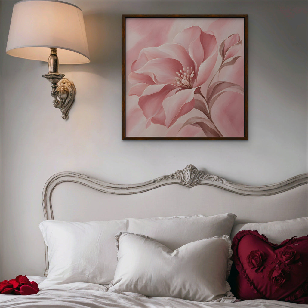 Blush Pink Bloom Canvas Art - Square – Walnut Floating Frame in room setting