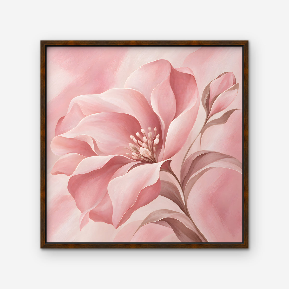 Blush Pink Bloom Canvas Art - Square – Walnut Floating Frame on white background