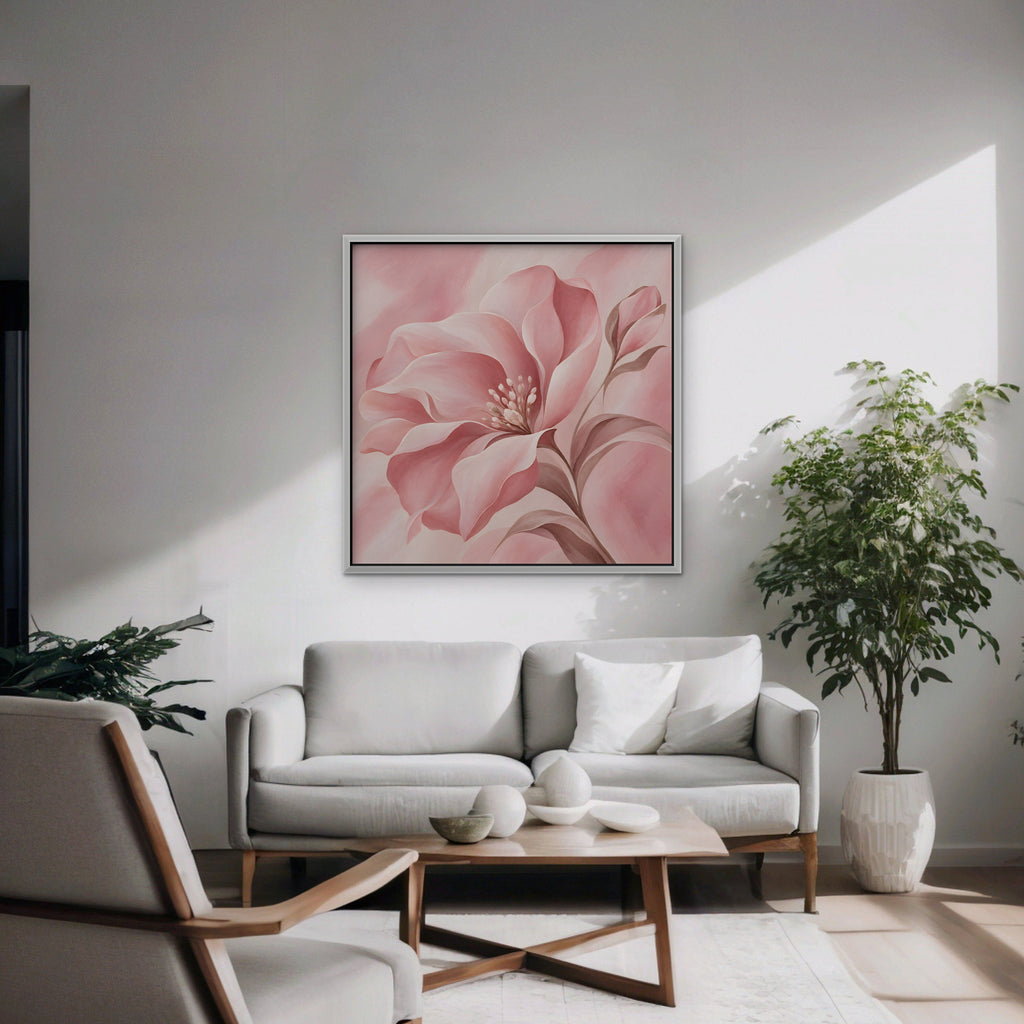 Blush Pink Bloom Canvas Art - Square – White Floating Frame in room setting