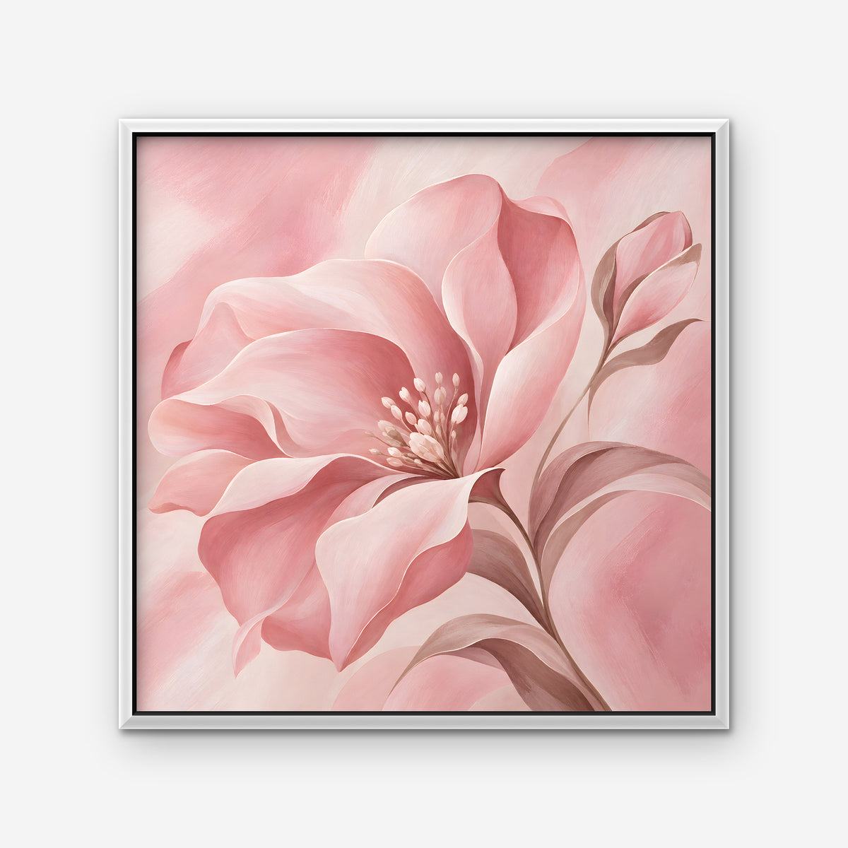 Blush Pink Bloom Canvas Art - Square – White Floating Frame on white background