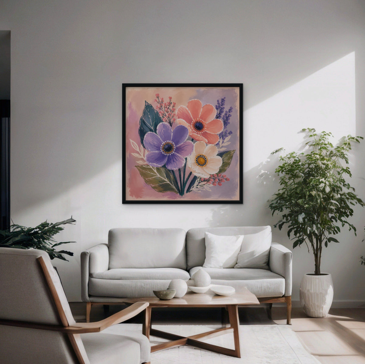 Blush Pink Bouquet Canvas Art – square blush pink floral print in a black floating frame in a modern living room
