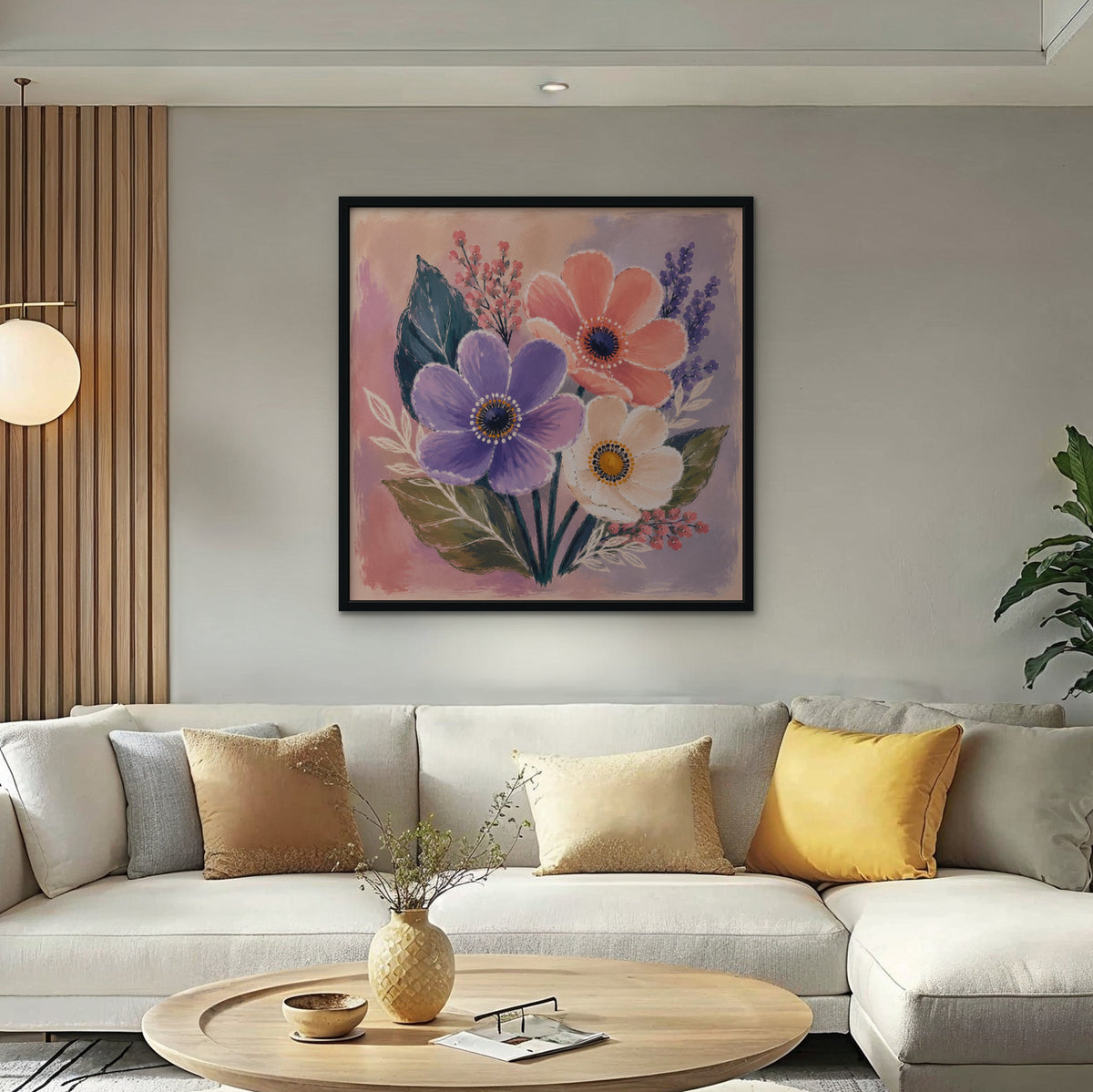 Blush Pink Bouquet Canvas Art – square blush pink floral print in a black floating frame in a bright living room