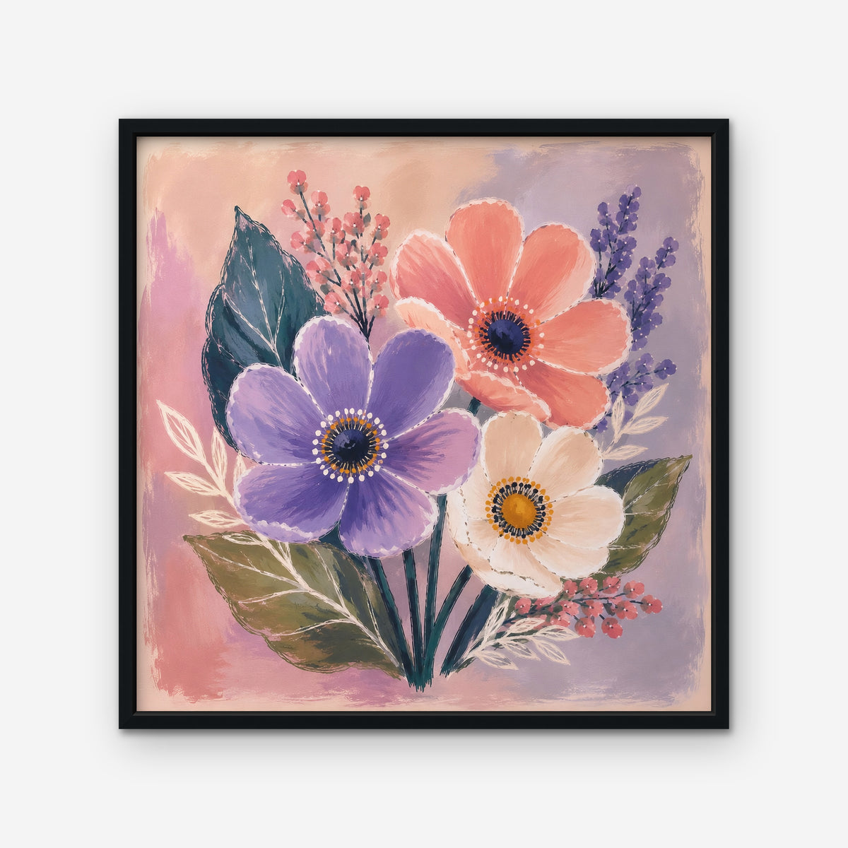 Blush Pink Bouquet Canvas Art – square blush pink floral print in a black floating frame on a white background