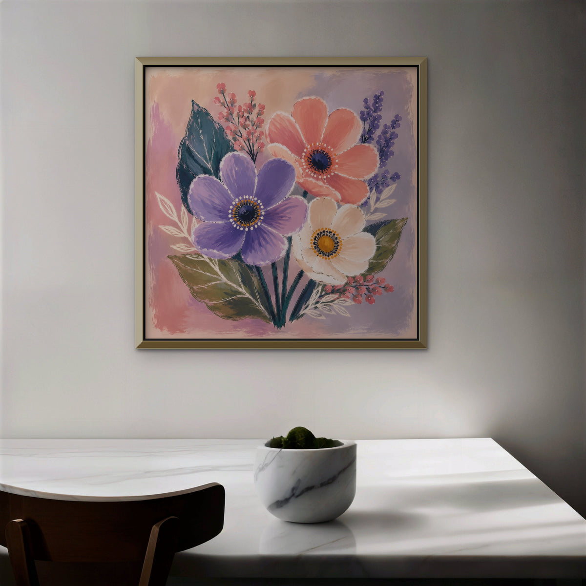 Blush Pink Bouquet Canvas Art – square blush pink floral print in a gold floating frame in a dining room