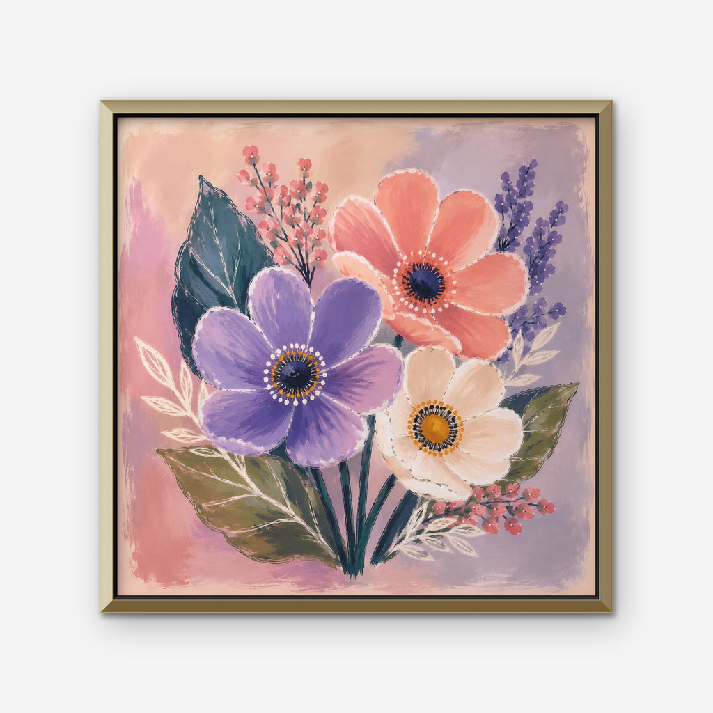 Blush Pink Bouquet Canvas Art – square blush pink floral print in a gold floating frame on a white background