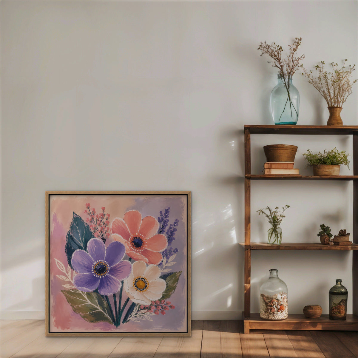 Blush Pink Bouquet Canvas Art – square blush pink floral print in an oak floating frame styled on a shelf