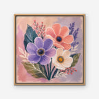 Blush Pink Bouquet Canvas Art – square blush pink floral print in an oak floating frame on a white background