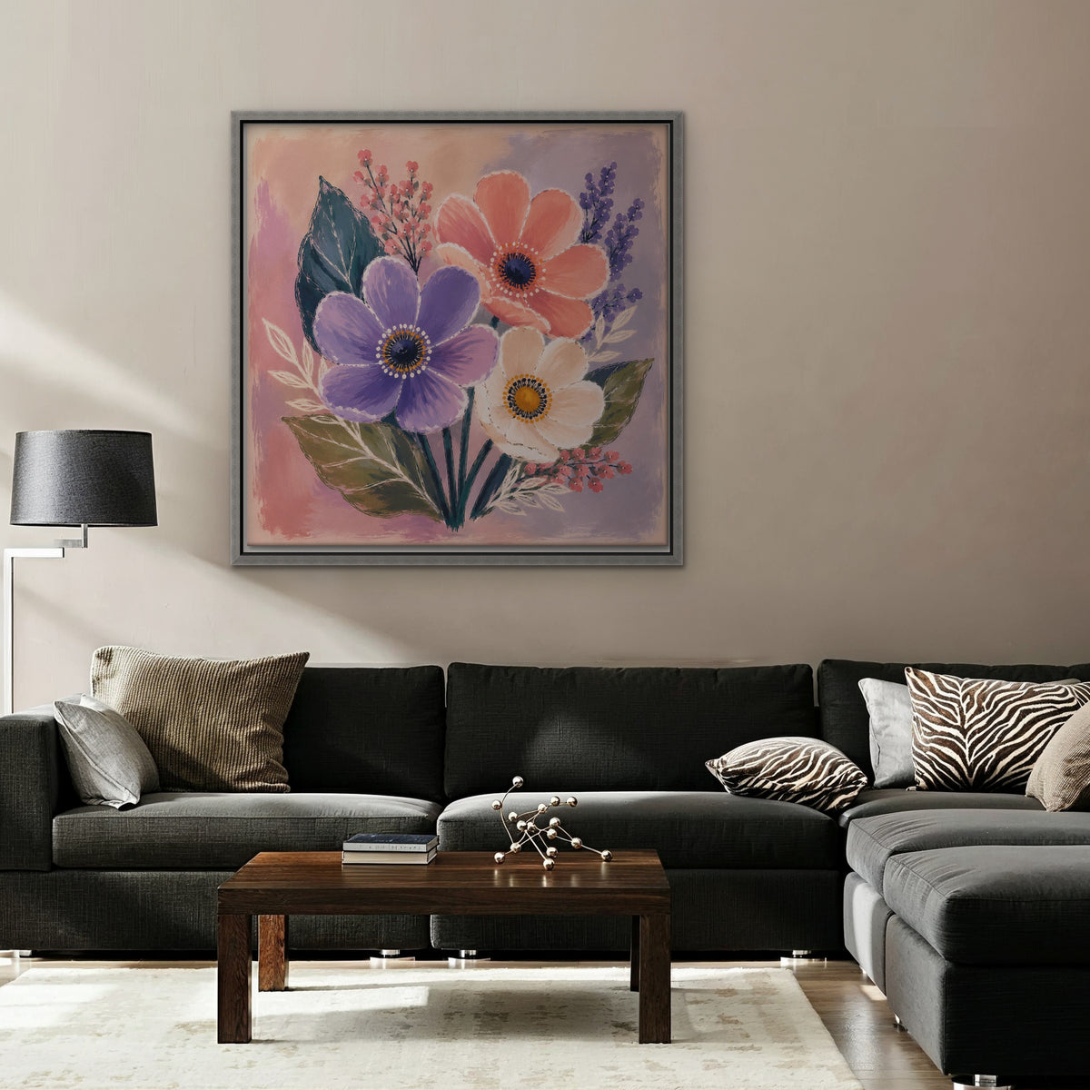 Blush Pink Bouquet Canvas Art - Square – Silver Floating Frame in room setting