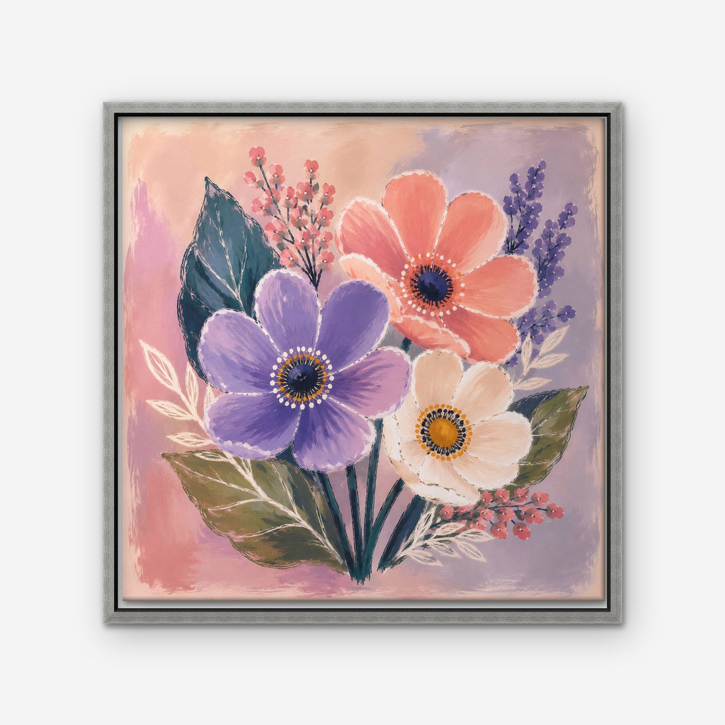 Blush Pink Bouquet Canvas Art - Square – Silver Floating Frame on white background