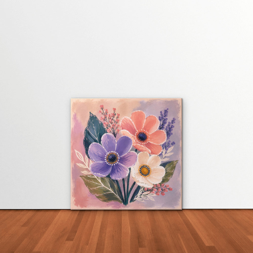 Blush Pink Bouquet Canvas Art – square blush pink floral print as a gallery-wrapped canvas leaning against a white wall