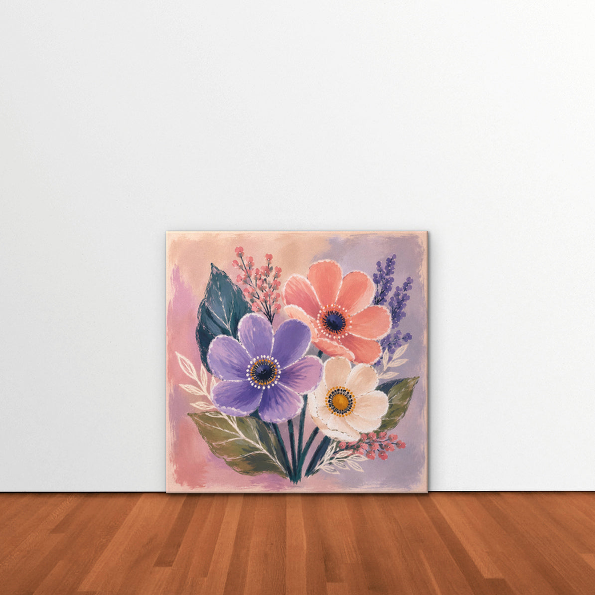 Blush Pink Bouquet Canvas Art – square blush pink floral print as a gallery-wrapped canvas leaning against a white wall