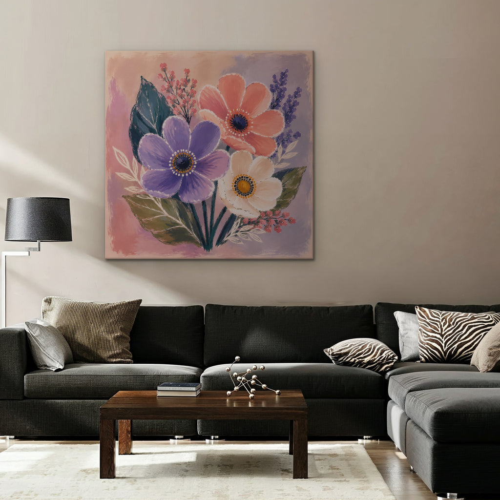 Blush Pink Bouquet Canvas Art – square blush pink floral print as a gallery-wrapped canvas in a taupe living room