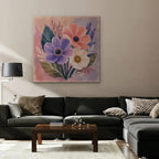 Blush Pink Bouquet Canvas Art – square blush pink floral print as a gallery-wrapped canvas in a taupe living room