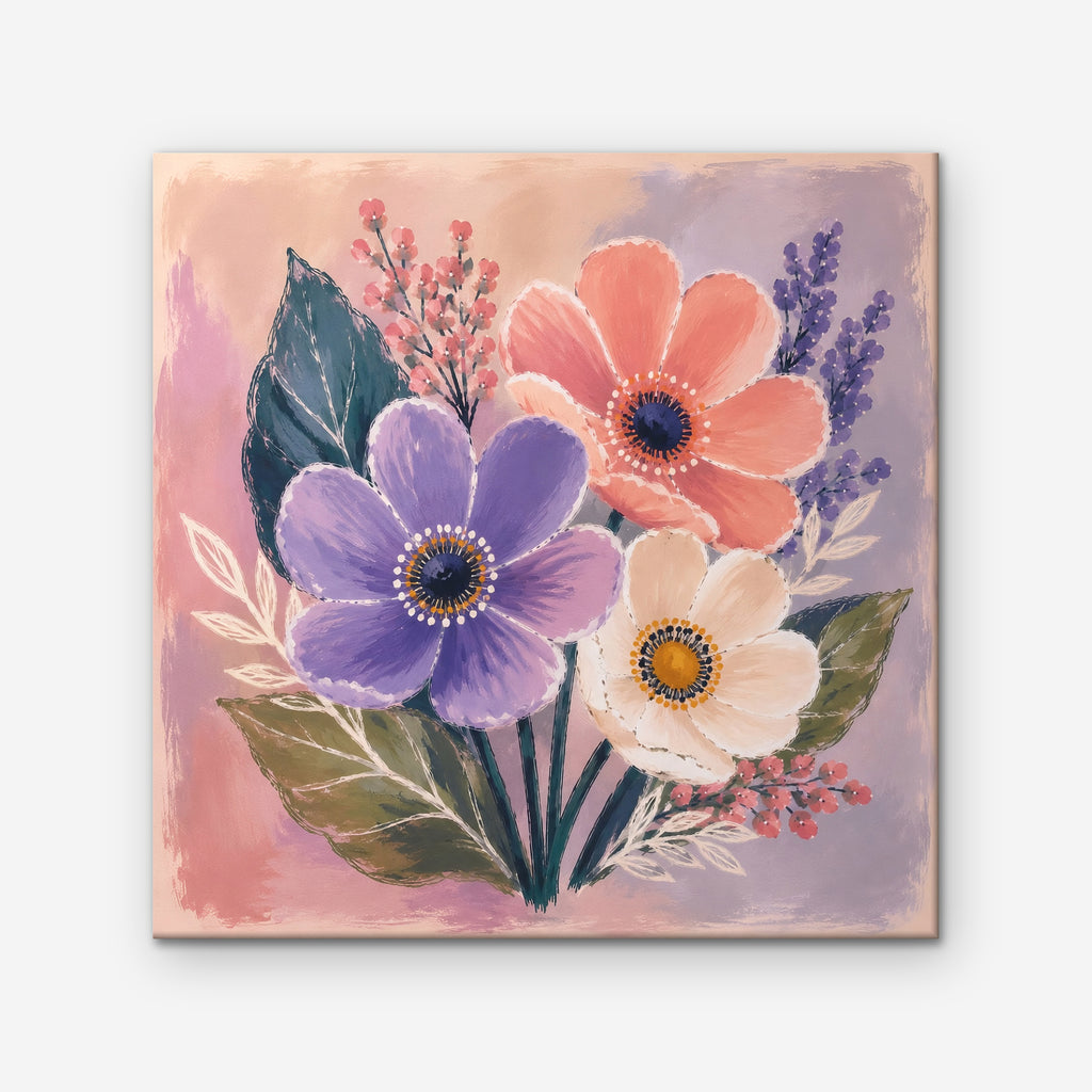 Blush Pink Bouquet Canvas Art – square blush pink floral print as a gallery-wrapped canvas on a white background