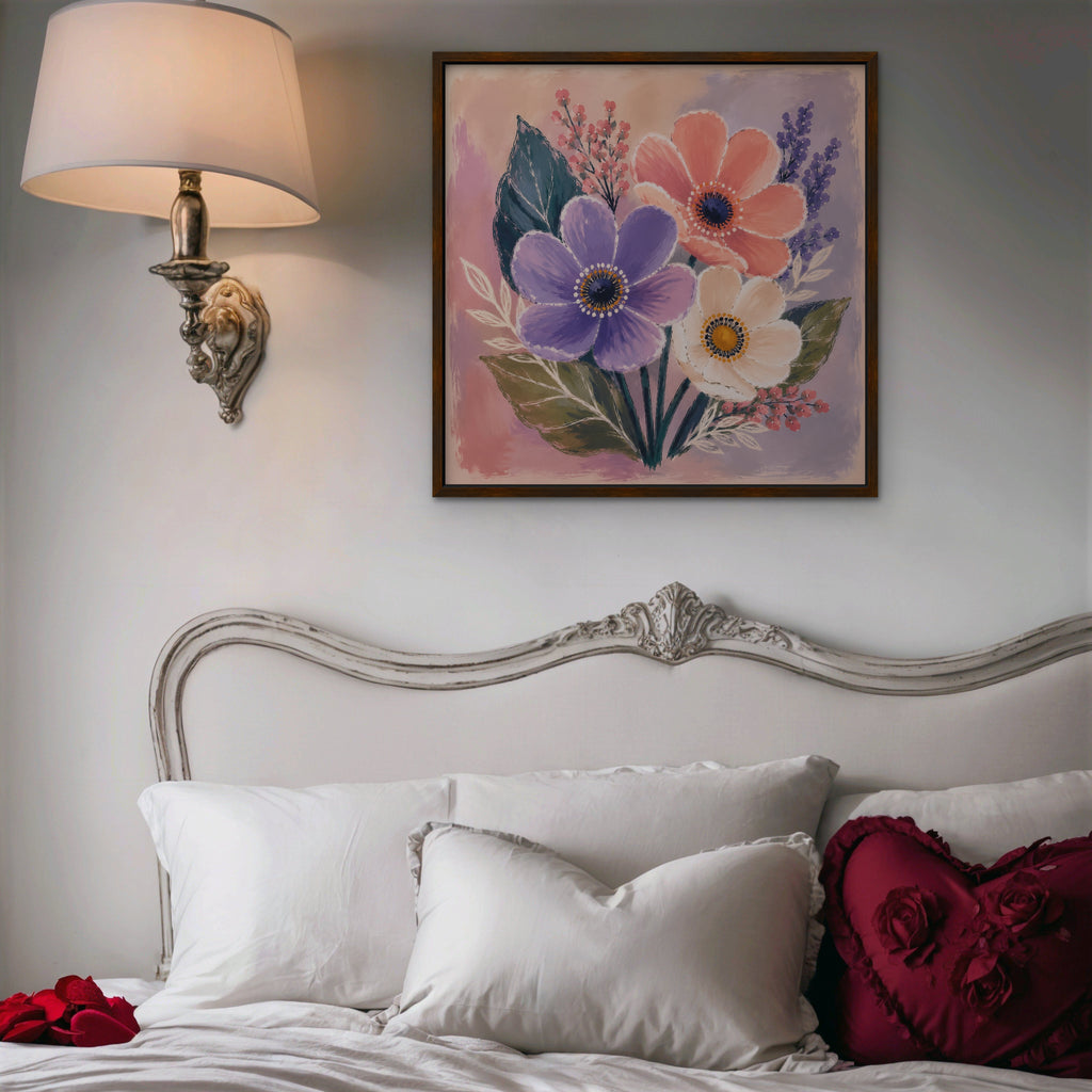 Blush Pink Bouquet Canvas Art – square blush pink floral print in a walnut floating frame in a bedroom
