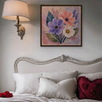 Blush Pink Bouquet Canvas Art – square blush pink floral print in a walnut floating frame in a bedroom