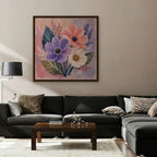 Blush Pink Bouquet Canvas Art – square blush pink floral print in a walnut floating frame in a taupe living room