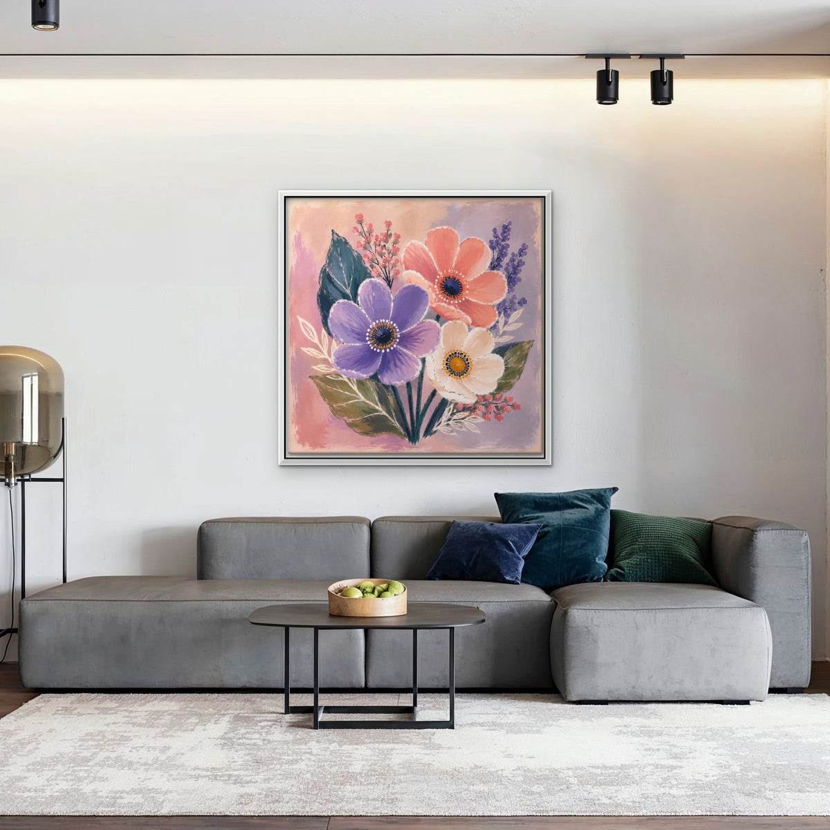 Blush Pink Bouquet Canvas Art - Square – White Floating Frame in room setting
