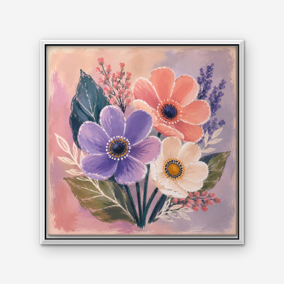Blush Pink Bouquet Canvas Art - Square – White Floating Frame on white background