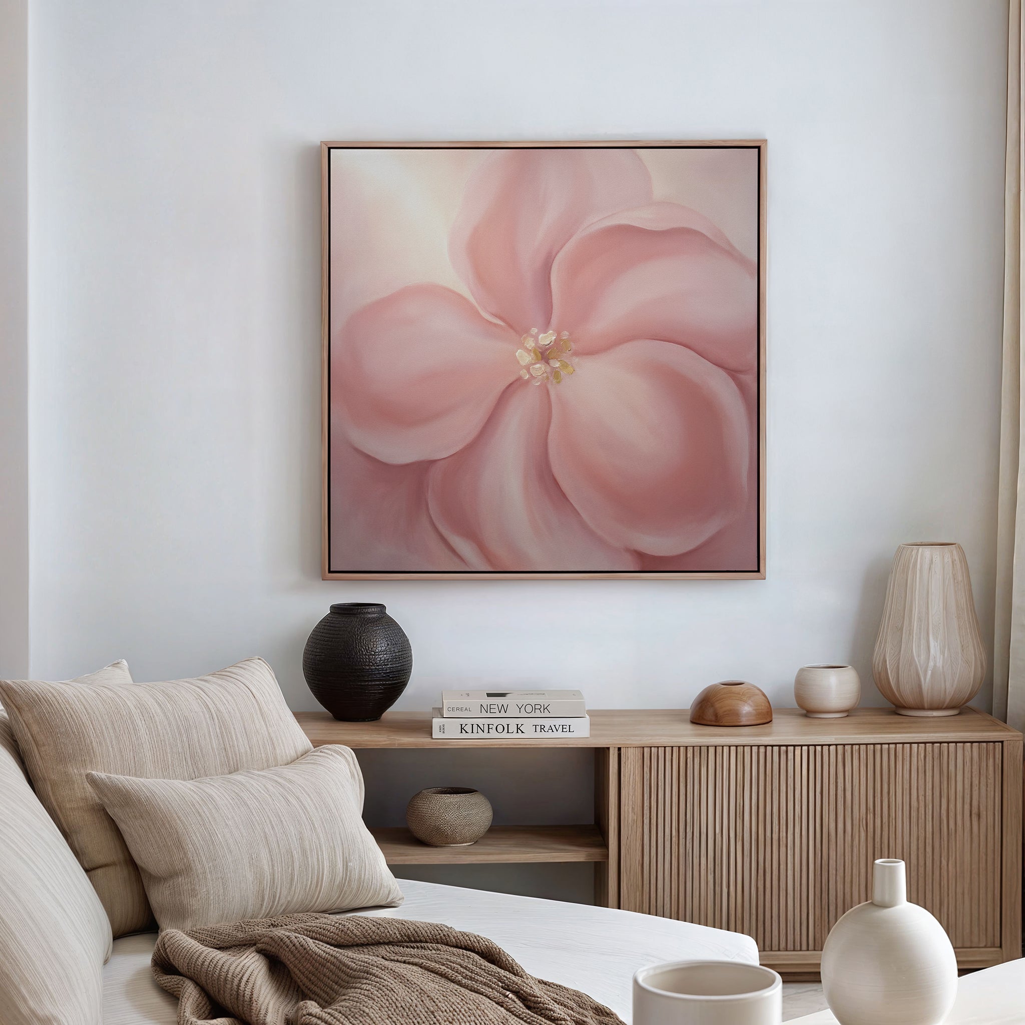 Petal Hush in Bloom – blush pink botanical canvas wall art print by Aspire Prints