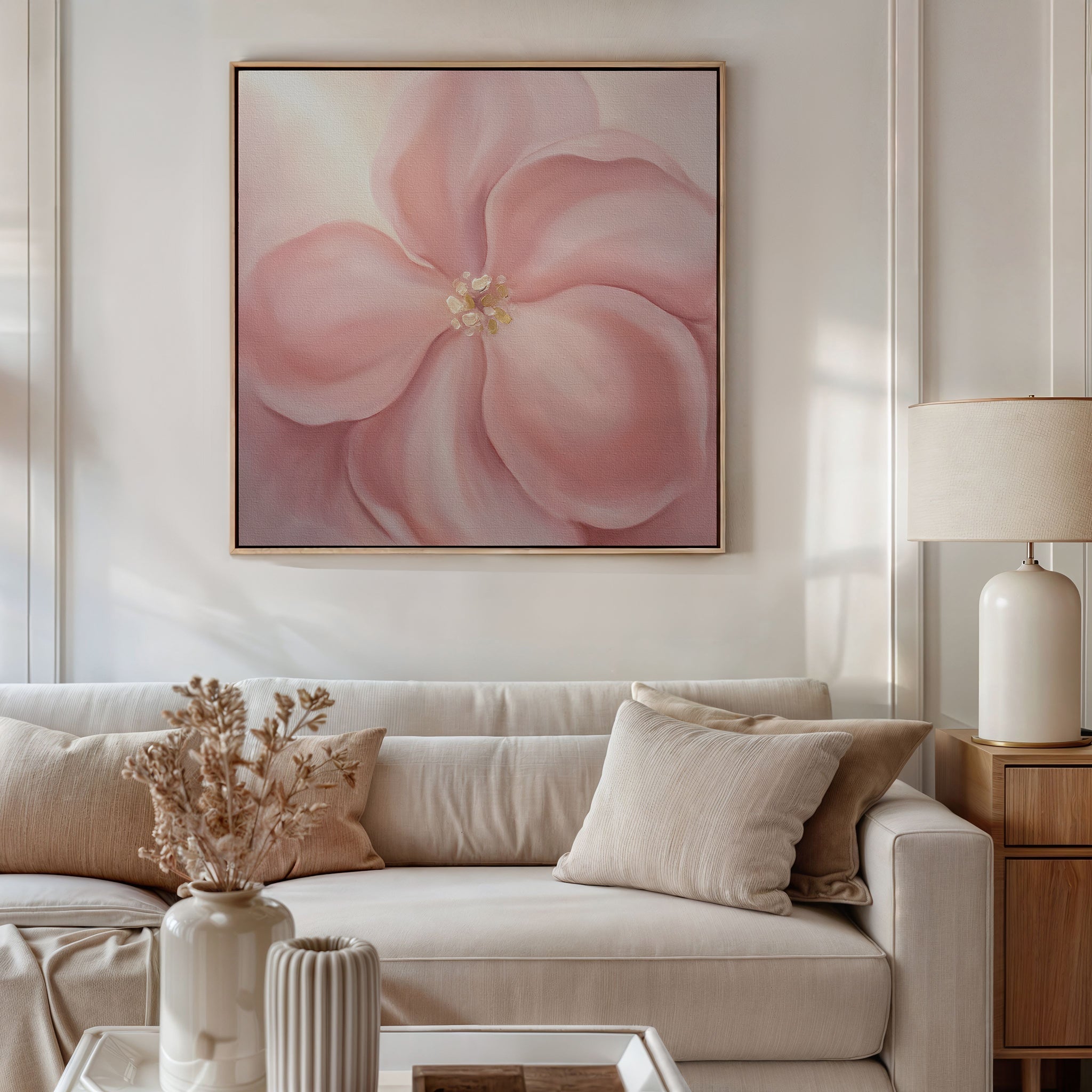Petal Hush in Bloom – blush pink botanical canvas wall art print by Aspire Prints