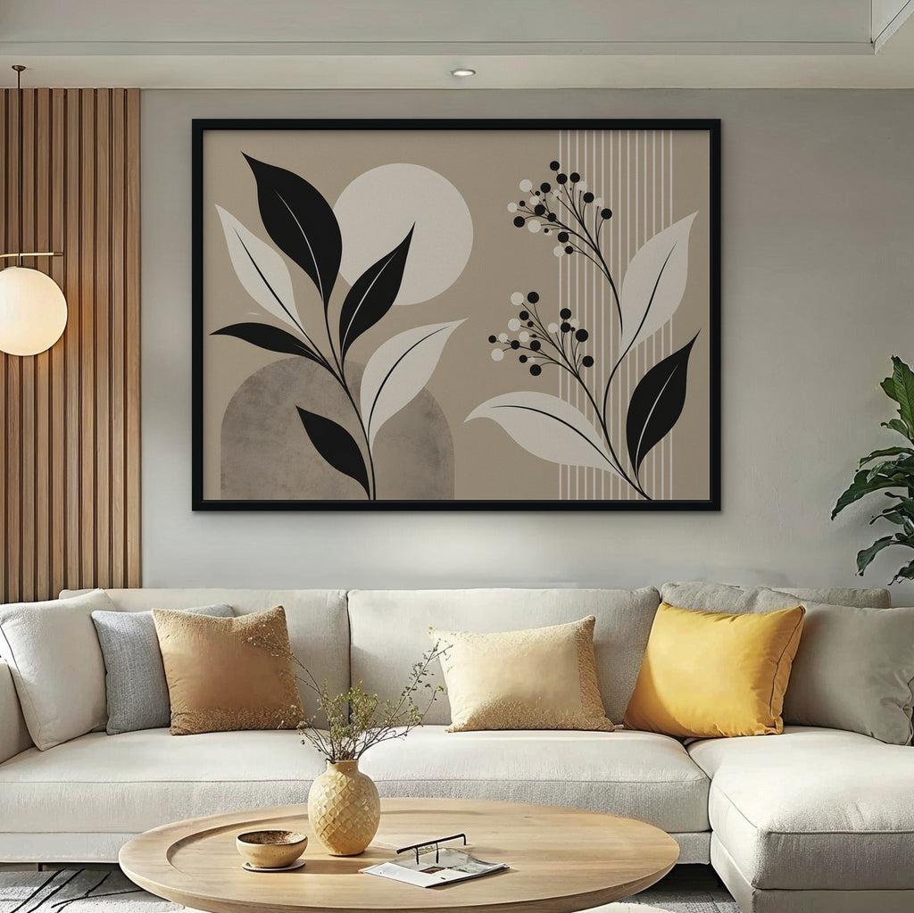 Boho Leaves and Moon Canvas Art - Horizontal – Black Floating Frame in room setting